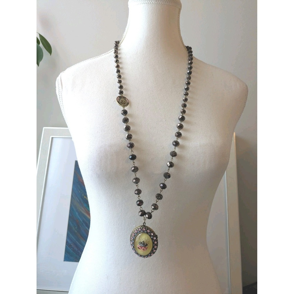 RARE Princess Betsey Johnson Locket Pendant Necklace Smoky AB Crystals Long Cat